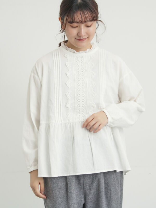 セール】 前立てレース切替ブラウス（オフホワイト/グレー/ブラック