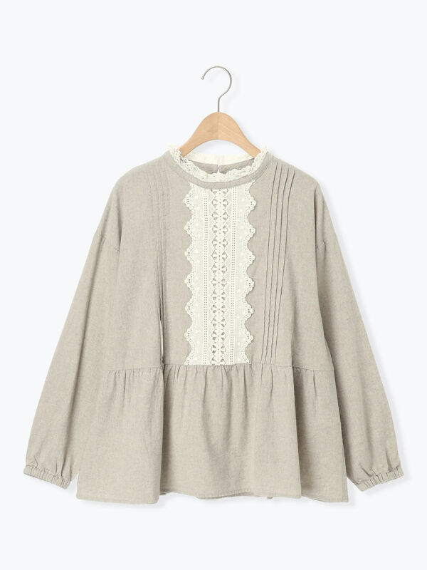 セール】 前立てレース切替ブラウス（オフホワイト/グレー/ブラック