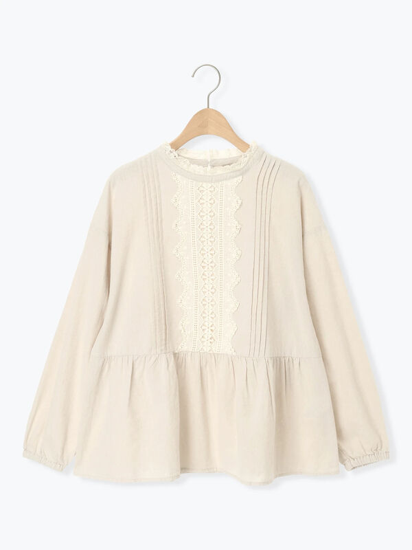 セール】 前立てレース切替ブラウス（オフホワイト/グレー/ブラック