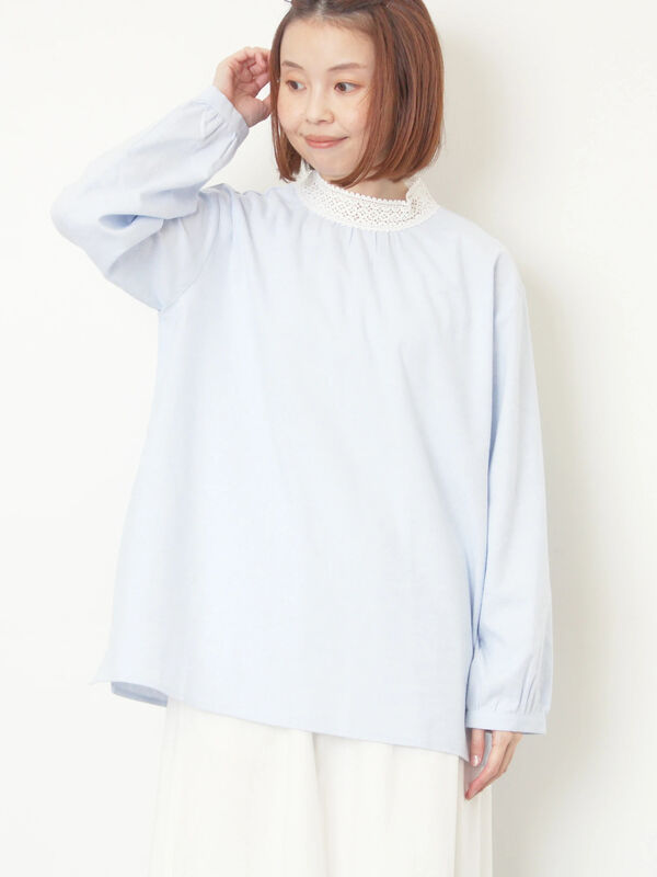 保温加工】襟レースブラウス（オフホワイト/チャコールグレー/ベージュ