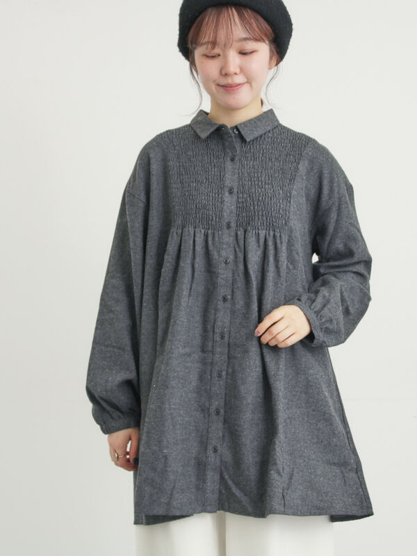 セール】 シャーリング切替チュニック（グレー/チャコールグレー/モカ