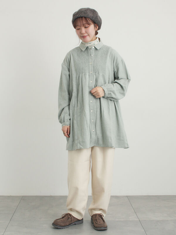 セール】 シャーリング切替チュニック（グレー/チャコールグレー/モカ