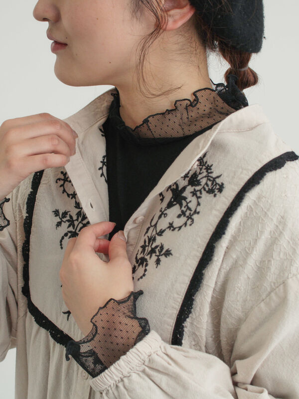 セール】 ドットチュール切り替えカットソー（オフホワイト/グレー