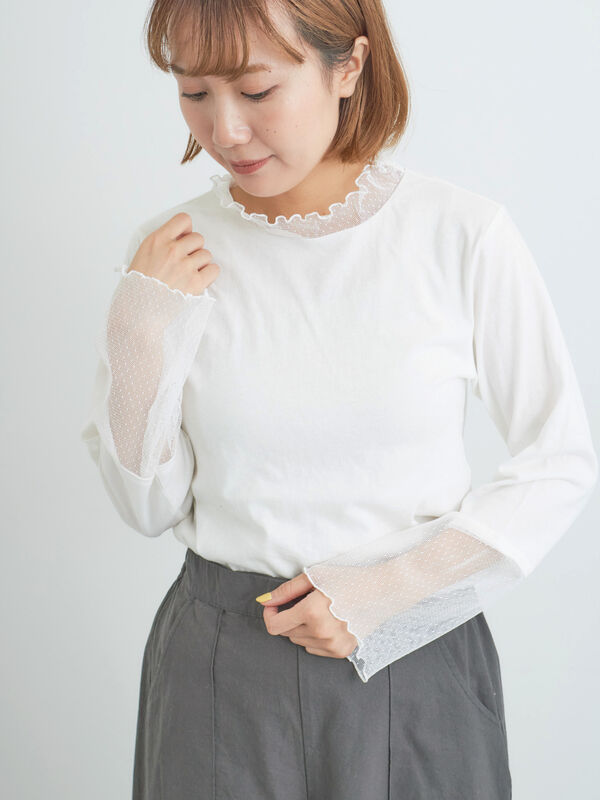 セール】 ドットチュール切り替えカットソー（オフホワイト/グレー