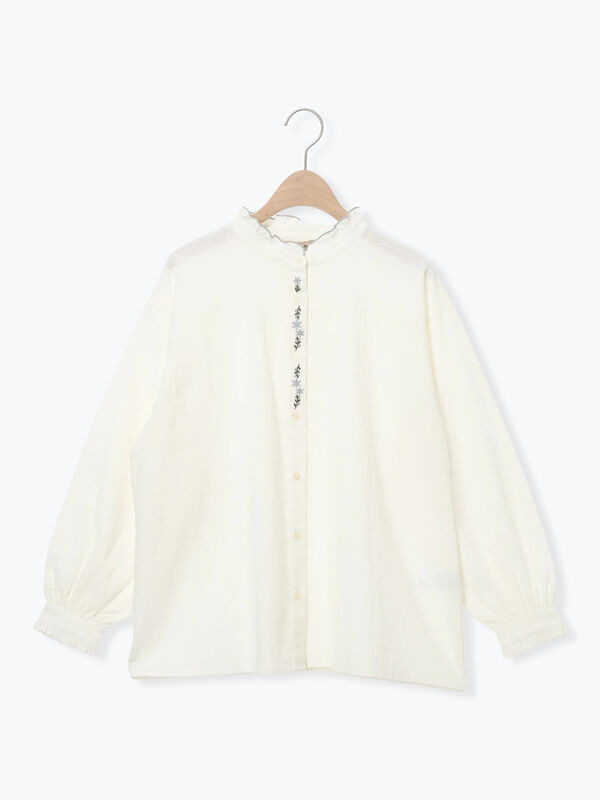 セール】 前立て刺繍フリルブラウス（オフホワイト/ベージュ/キナリ