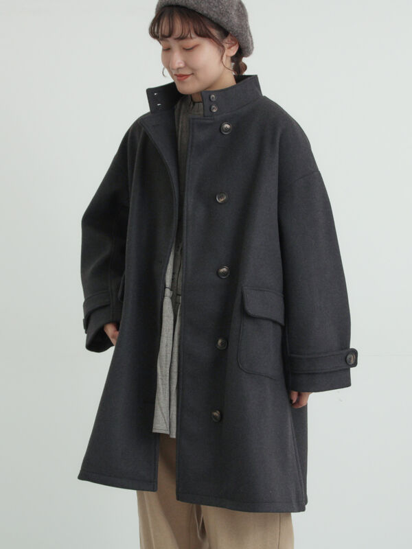 ウールライクスタンドネックコート（チャコールグレー/ピンク/ベージュ