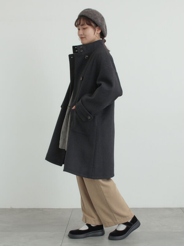 セール】 ウールライクスタンドネックコート（チャコールグレー/ピンク