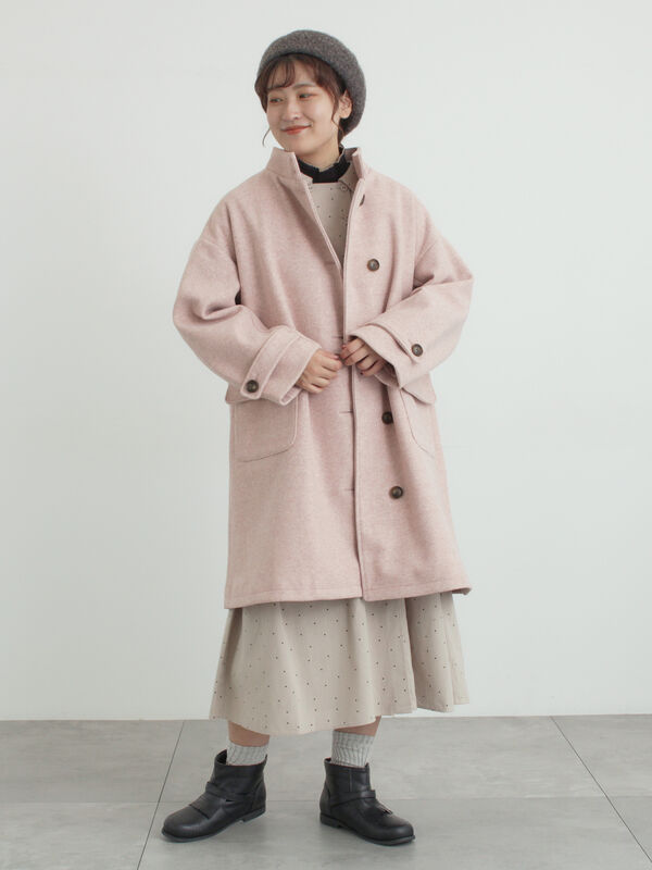 ウールライクスタンドネックコート（チャコールグレー/ピンク/ベージュ