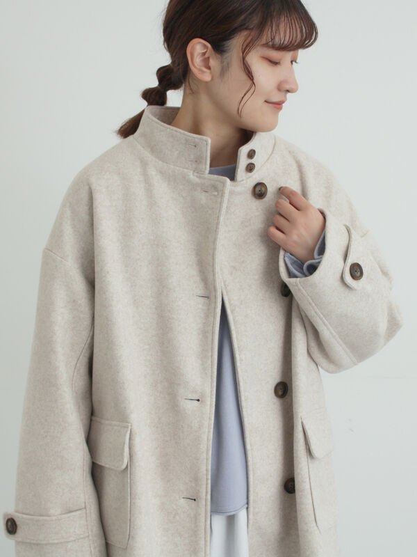ウールライクスタンドネックコート（チャコールグレー/ピンク/ベージュ