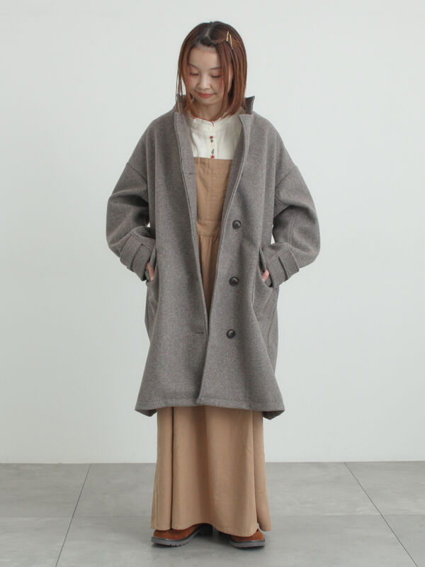 セール】 ウールライクスタンドネックコート（チャコールグレー/ピンク