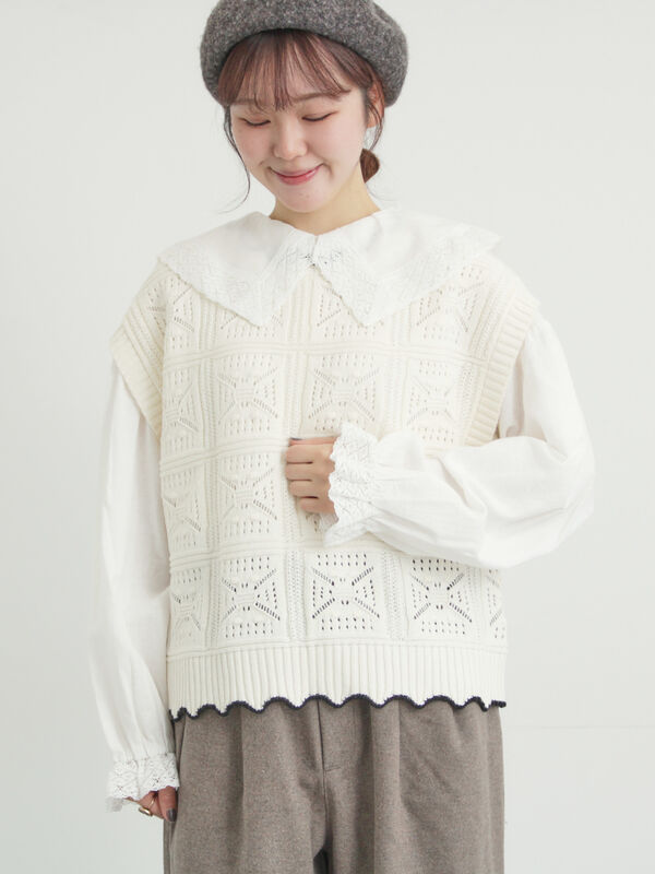 クロシェ風配色ニットベスト（オフホワイト/ブラック/ベージュ）｜Samansa Mos2（サマンサ モスモス）通販