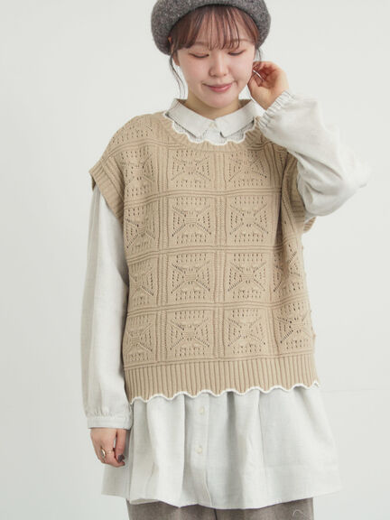 サマンサモスモス　手編みベスト セール】 手編みクロシェニットベスト（グレー/チャコールグレー