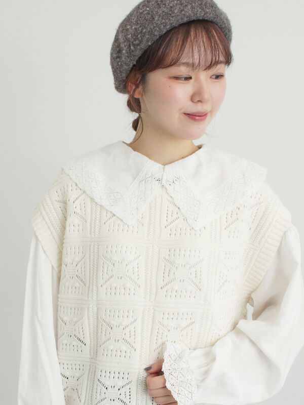 セール】 クロシェ風配色ニットベスト（オフホワイト/ブラック