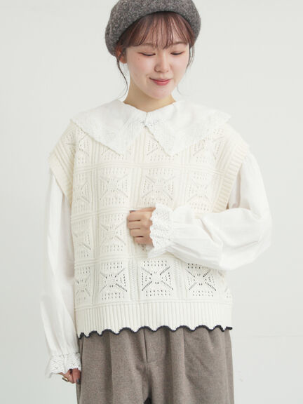 クロシェ風配色ニットベスト（オフホワイト/ブラック/ベージュ）｜Samansa Mos2（サマンサ モスモス）通販