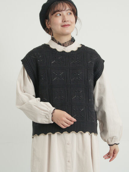 クロシェ風配色ニットベスト（オフホワイト/ブラック/ベージュ）｜Samansa Mos2（サマンサ モスモス）通販