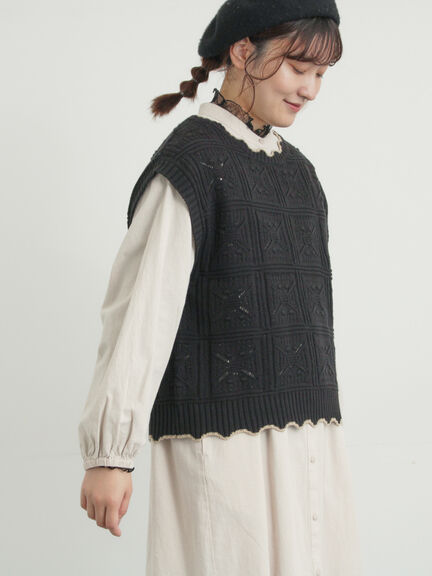 クロシェ風配色ニットベスト（オフホワイト/ブラック/ベージュ）｜Samansa Mos2（サマンサ モスモス）通販