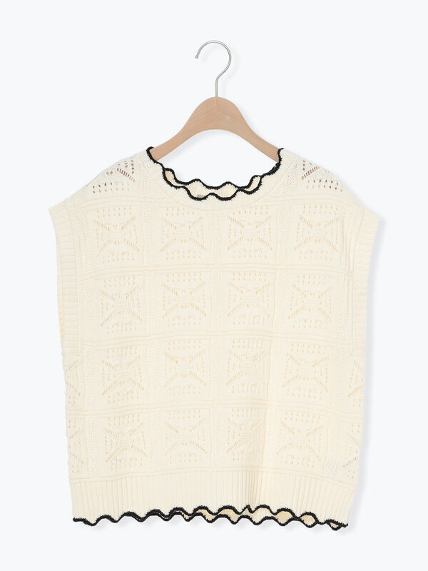 セール】 クロシェ風配色ニットベスト（オフホワイト/ブラック