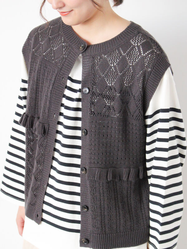 セール】 前後2WAYパッチワークニットベスト（チャコールグレー