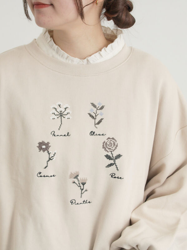 クロスステッチフラワー刺繍スウェット（オレンジ/ダークブラウン