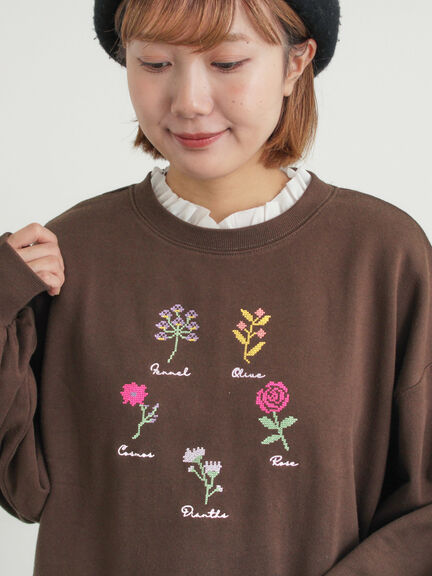 クロスステッチフラワー刺繍スウェット（オレンジ/ダークブラウン/キナリ）｜Samansa Mos2（サマンサ モスモス）通販