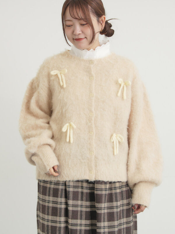 リボン付きニットカーディガン（グレー/オレンジ/キナリ/トップス