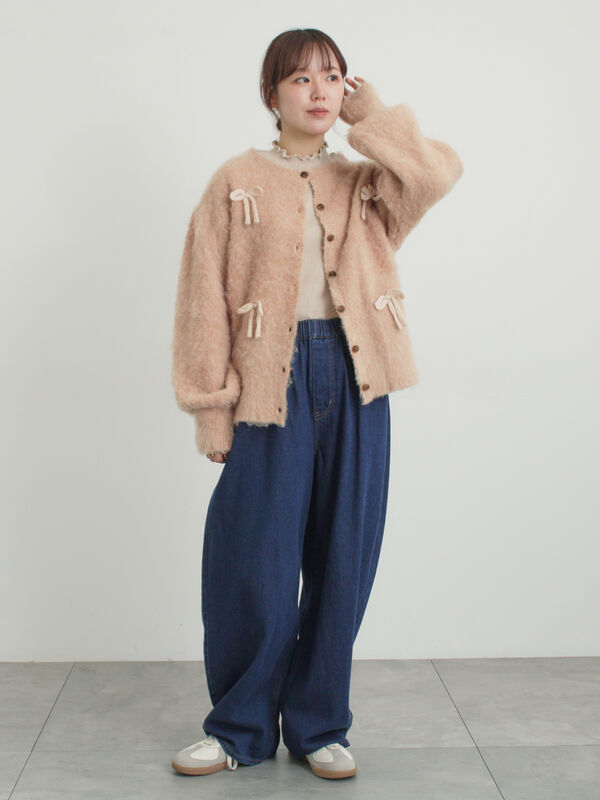 リボン付きニットカーディガン（グレー/オレンジ/キナリ/トップス