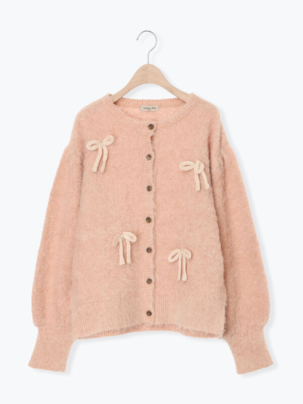 リボン付きニットカーディガン（グレー/オレンジ/キナリ/トップス