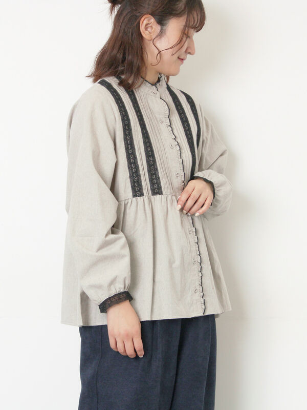 フリルバンドカラーブラウス（グレー/ブラック/モカ/キナリ/トップス