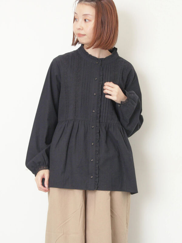 フリルバンドカラーブラウス（グレー/ブラック/モカ/キナリ/トップス