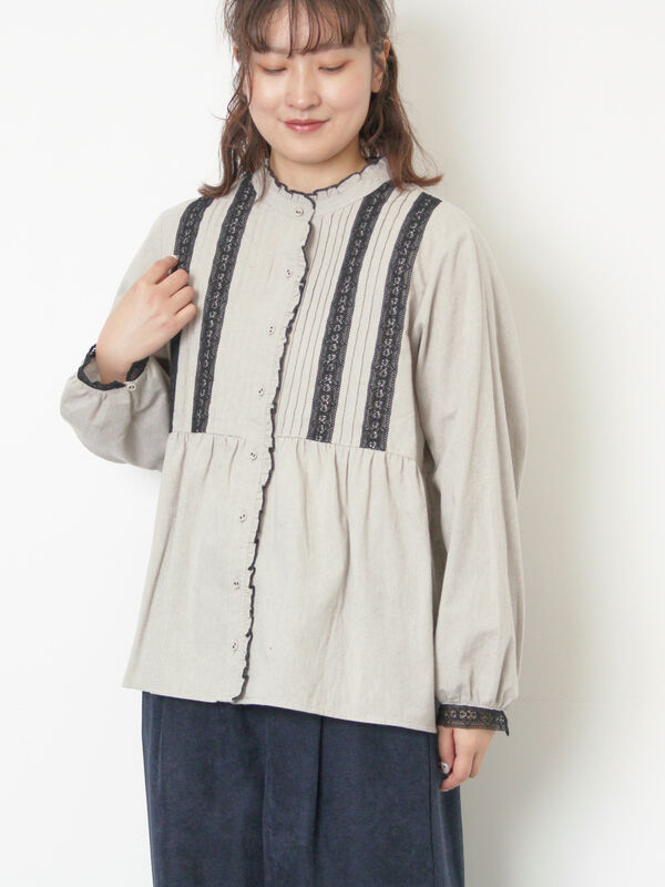 フリルバンドカラーブラウス（グレー/ブラック/モカ/キナリ/トップス