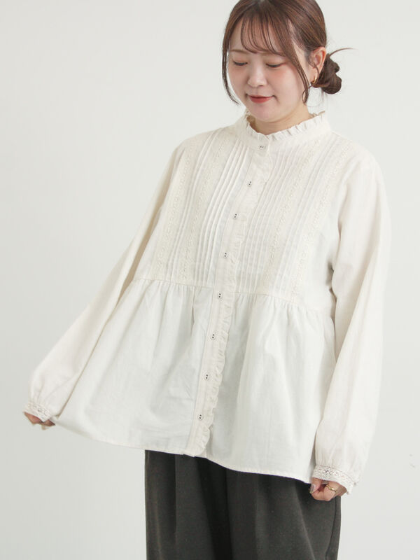 セール】 フリルバンドカラーブラウス（グレー/ブラック/モカ/キナリ