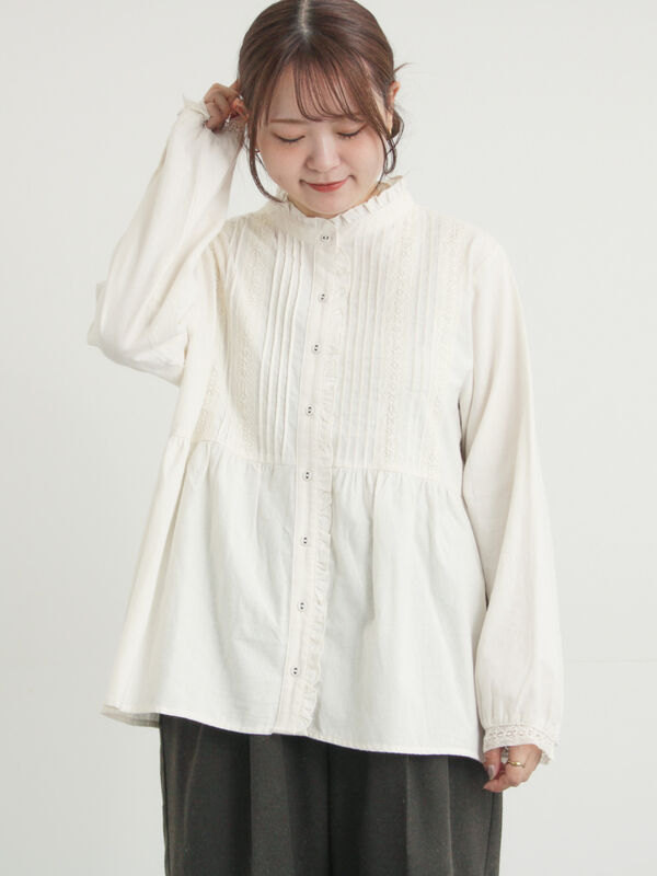 フリルバンドカラーブラウス（グレー/ブラック/モカ/キナリ/トップス