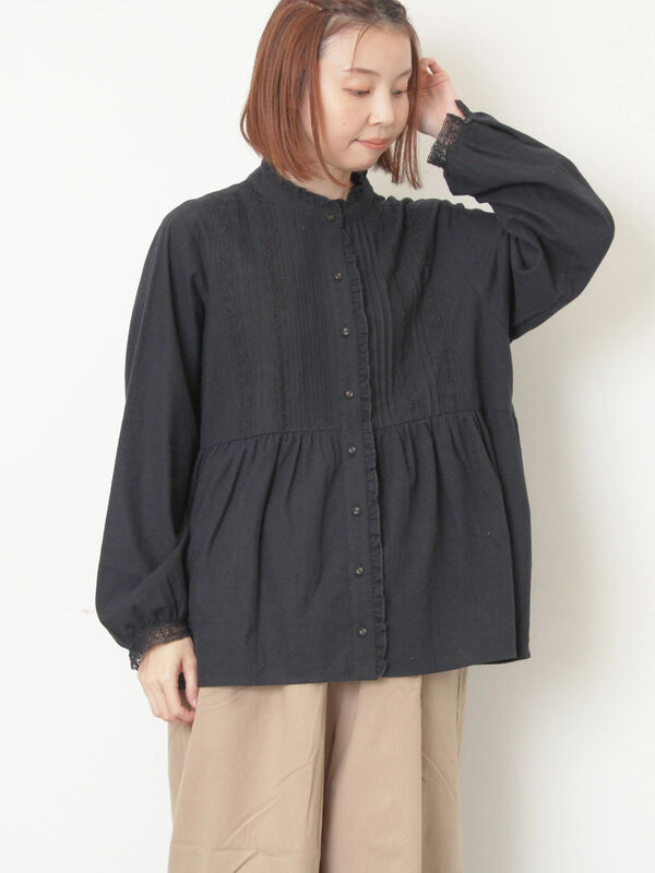 セール】 フリルバンドカラーブラウス（グレー/ブラック/モカ/キナリ