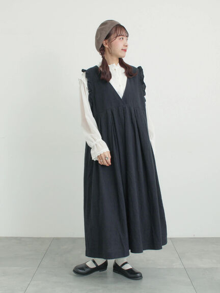 【Cross×Linen】肩フリル前後2WAYジャンパースカート（ブラック/ベージュ）｜Samansa Mos2（サマンサ モスモス）通販