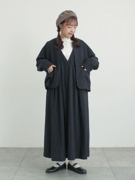 【Cross×Linen】肩フリル前後2WAYジャンパースカート（ブラック/ベージュ）｜Samansa Mos2（サマンサ モスモス）通販