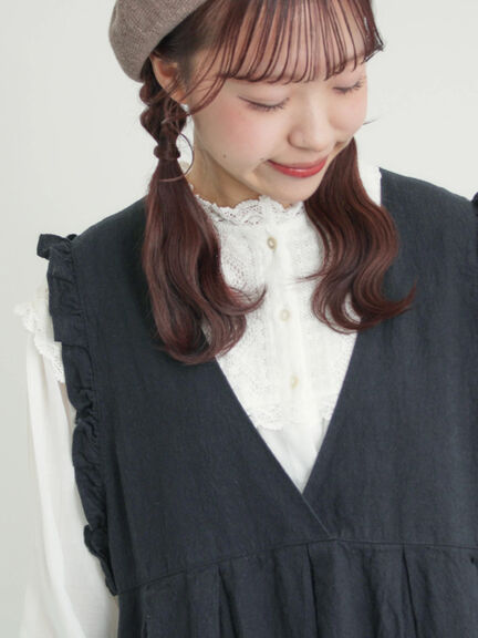 【Cross×Linen】肩フリル前後2WAYジャンパースカート（ブラック/ベージュ）｜Samansa Mos2（サマンサ モスモス）通販