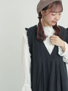 セール】 【Cross×Linen】肩フリル前後2WAYジャンパースカート