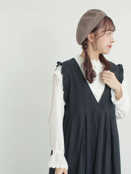 【Cross×Linen】肩フリル前後2WAYジャンパースカート（ブラック/ベージュ）｜Samansa Mos2（サマンサ モスモス）通販