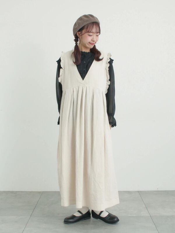 セール】 【Cross×Linen】肩フリル前後2WAYジャンパースカート