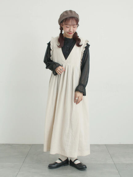 【Cross×Linen】肩フリル前後2WAYジャンパースカート（ブラック/ベージュ）｜Samansa Mos2（サマンサ モスモス）通販