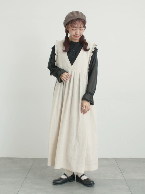 Cross×Linen】肩フリル前後2WAYジャンパースカート（ブラック/ベージュ