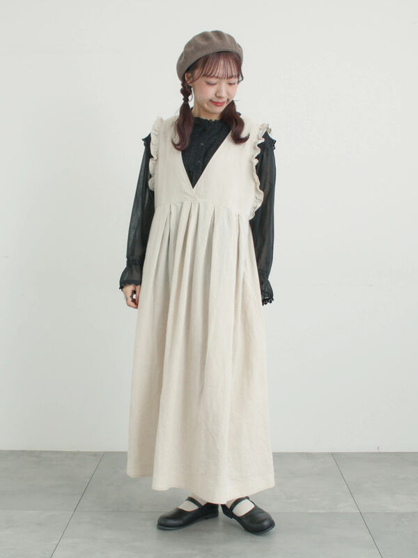 Cross×Linen】肩フリル前後2WAYジャンパースカート（ブラック/ベージュ