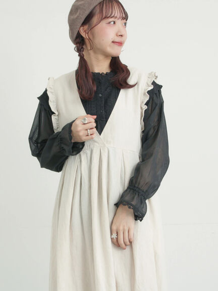 【Cross×Linen】肩フリル前後2WAYジャンパースカート（ブラック/ベージュ）｜Samansa Mos2（サマンサ モスモス）通販