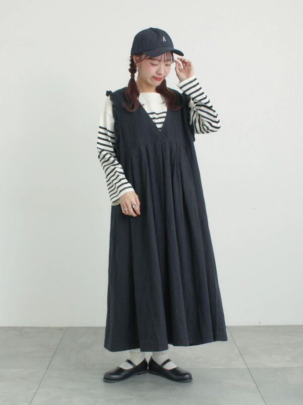 セール】 【Cross×Linen】肩フリル前後2WAYジャンパースカート