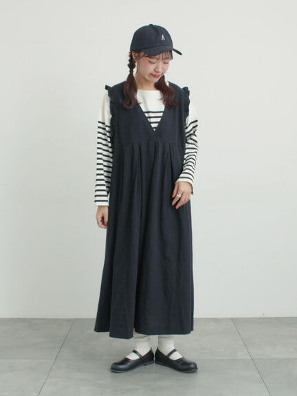 【Cross×Linen】肩フリル前後2WAYジャンパースカート（ブラック/ベージュ）｜Samansa Mos2（サマンサ モスモス）通販