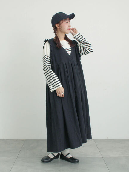 【Cross×Linen】肩フリル前後2WAYジャンパースカート（ブラック/ベージュ）｜Samansa Mos2（サマンサ モスモス）通販
