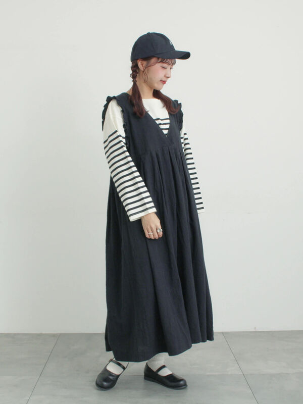 Cross×Linen】肩フリル前後2WAYジャンパースカート（ブラック/ベージュ