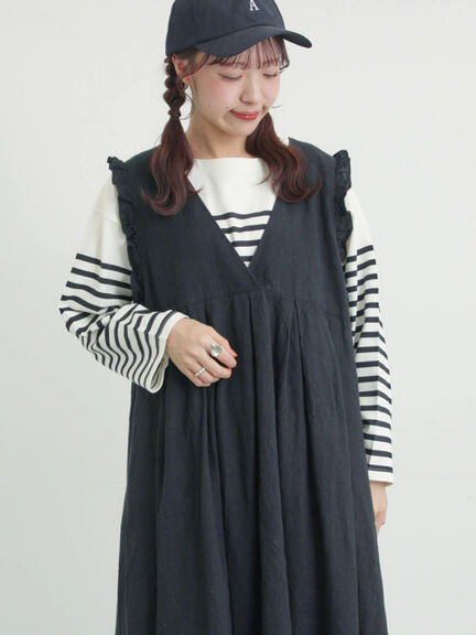 【Cross×Linen】肩フリル前後2WAYジャンパースカート（ブラック/ベージュ）｜Samansa Mos2（サマンサ モスモス）通販