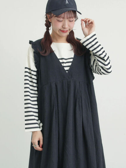 【Cross×Linen】肩フリル前後2WAYジャンパースカート（ブラック/ベージュ）｜Samansa Mos2（サマンサ モスモス）通販