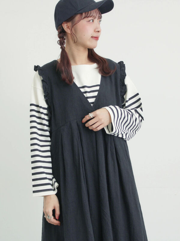 Cross×Linen】肩フリル前後2WAYジャンパースカート（ブラック/ベージュ